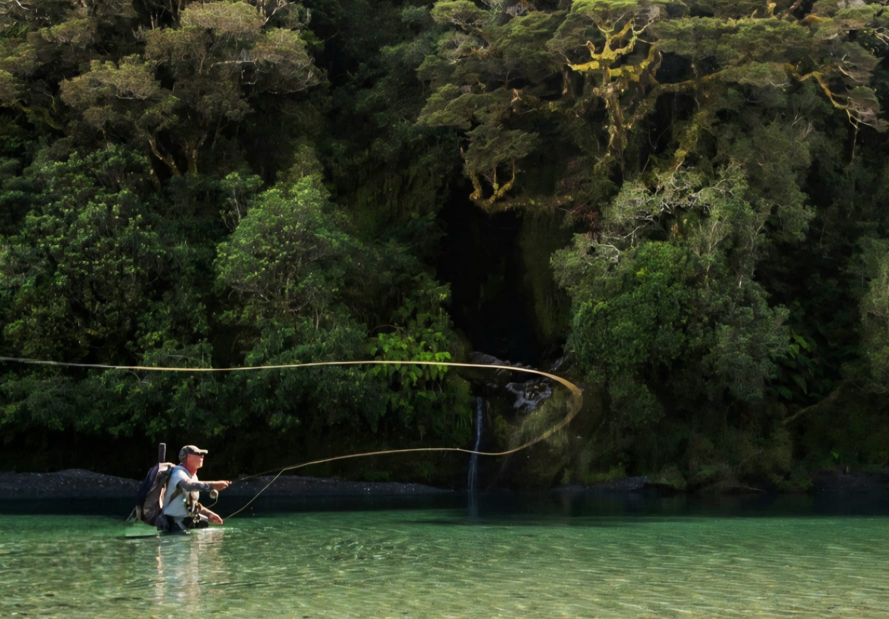 Fly fishing a clear bush-lined river near Wilderbliss
