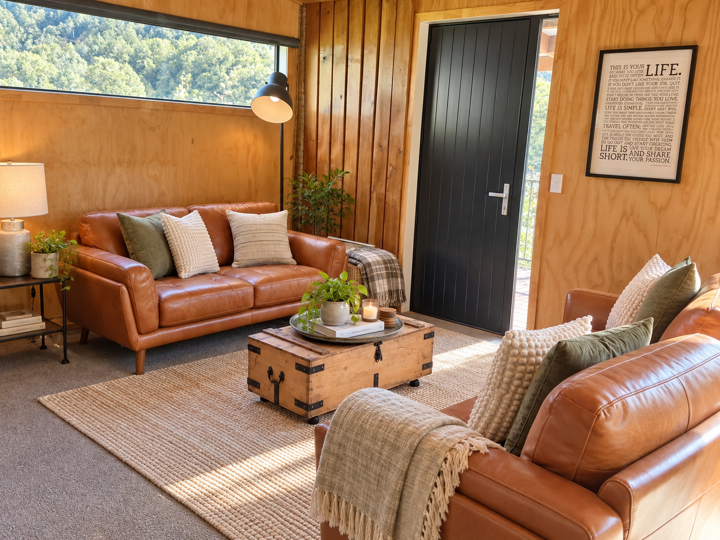 Sitting snug with leather sofas and bush views