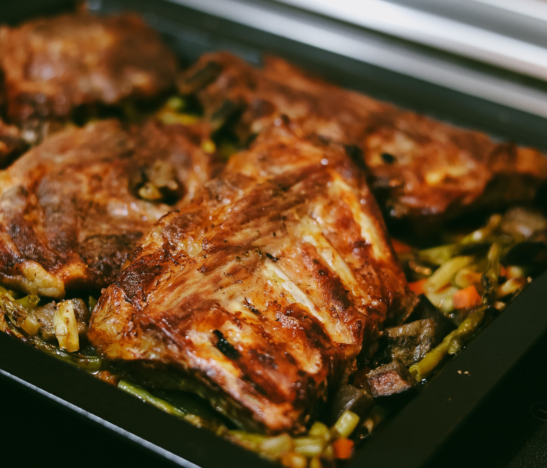 Homecooked farm meal with roasted meat and vegetables